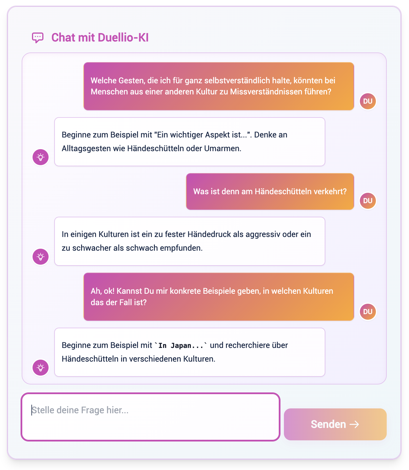 Beispiel-Dialog im Duellio KI-Chat, der zeigt, wie die KI eine Frage mit einer Gegenfrage beantwortet, um das Denken anzuregen